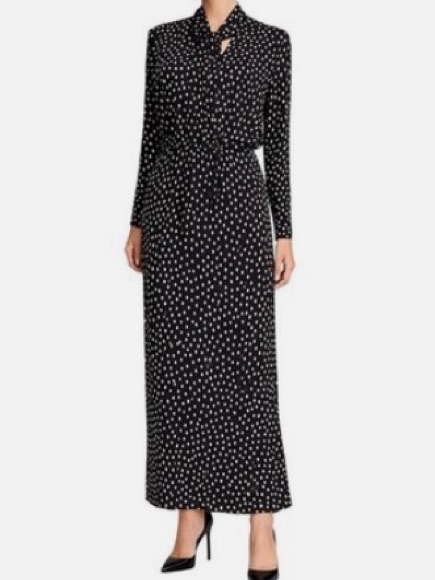 Bcbgmaxazria Alicha Tie Neck Black Maxi Dress With Gardenia Dot Pattern